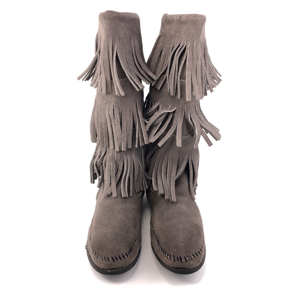 Minnetonka Gray Suede 3-Layer Fringe Moccasin Boo… - image 4